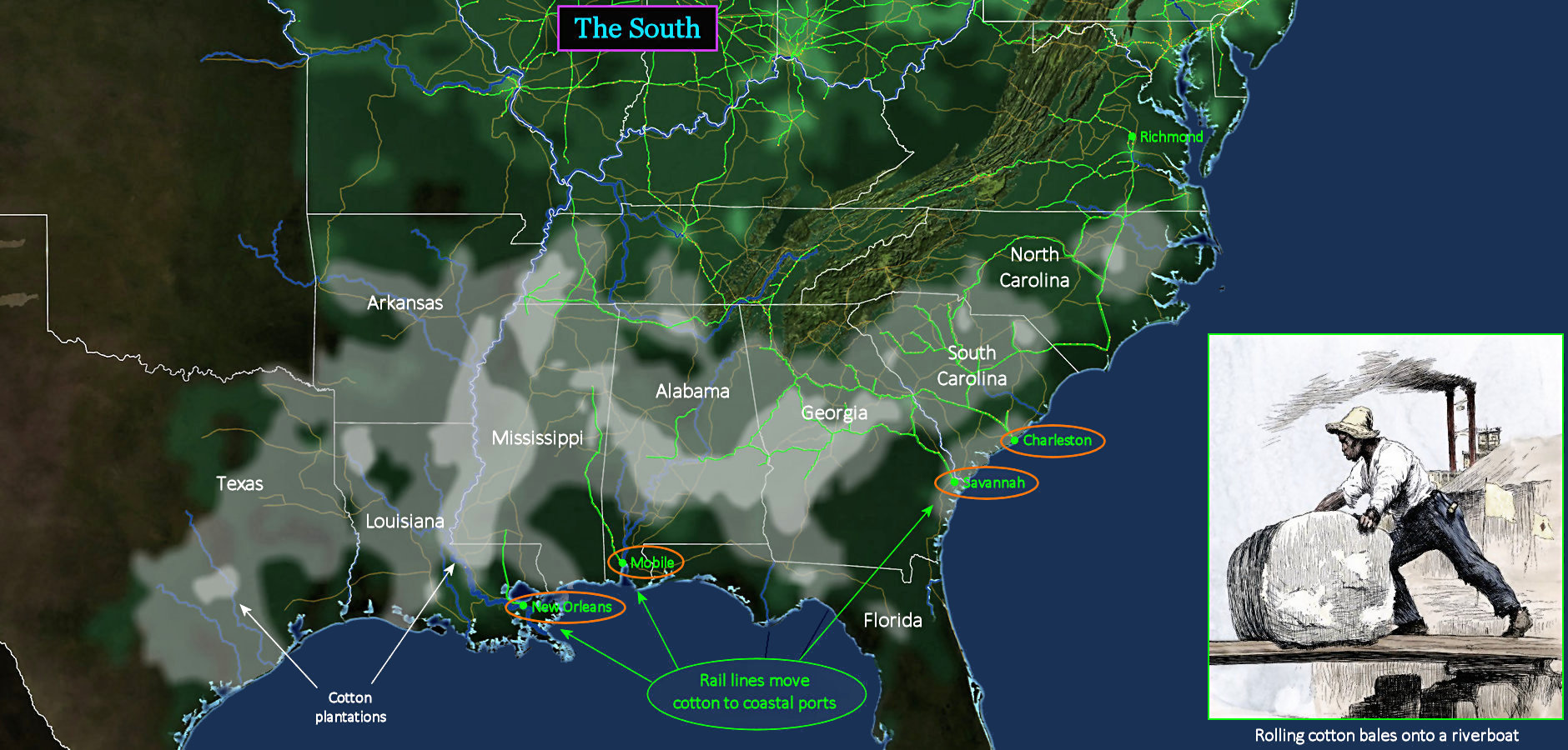 Southern cotton and railroads, 1850 map